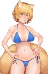  absurdres animal_ear_fluff ass_visible_through_thighs bangs bikini blonde_hair blue_bikini blush breasts brown_eyes chanta_(ayatakaoisii) collarbone cowboy_shot eyebrows_visible_through_hair fingernails fox_tail hair_between_eyes hands_on_hips highres huge_breasts light_smile looking_at_viewer multiple_tails navel nose_blush open_mouth pink_nails reflective_eyes shiny shiny_hair shiny_skin short_hair shoulders sidelocks simple_background stomach string_bikini swimsuit tail teeth thighs tongue touhou white_background yakumo_ran 