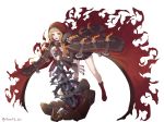  1girl artist_name axe bangs bare_legs belt belt_buckle blonde_hair blunt_bangs blush boots brown_belt brown_dress buckle cape dress fire full_body highres holding holding_axe holding_weapon hood hood_up hooded_cape keyhole little_red_riding_hood_(sinoalice) lock long_hair long_sleeves looking_at_viewer mashi313 open_mouth padlock red_cape red_footwear red_hood rock short_dress simple_background sinoalice solo standing upper_teeth weapon white_background yellow_eyes 
