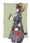  1girl android bangs breasts closed_mouth commentary_request cowboy_shot eyebrows_visible_through_hair finger_to_mouth from_side graphite_(medium) helmet index_finger_raised medium_breasts metis persona persona_3 profile robot_joints short_hair sketch skirt smile solo standing tonmoh traditional_media 