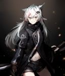  1girl aa_(sin2324) animal_ear_fluff animal_ears arknights black_background black_jacket black_shorts cowboy_shot grey_eyes hair_between_eyes highres jacket lappland_(arknights) long_hair long_sleeves looking_at_viewer scar scar_across_eye shorts silver_hair simple_background smile solo wolf_ears 