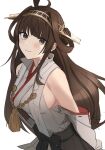 1girl ahoge bangs black_eyes blush breasts brown_hair detached_sleeves double_bun eyebrows_visible_through_hair headgear highres japanese_clothes kantai_collection kongou_(kancolle) large_breasts long_hair looking_at_viewer nontraditional_miko ra_9rara sidelocks simple_background skirt smile solo upper_body white_background 
