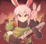  absurdres animal_ears armor cosplay doom_(game) doom_eternal doomguy doomguy_(cosplay) double_barrels expressionless eyebrows_visible_through_hair gun highres majormilk pink_hair rabbit rabbit_ears red_eyes reisen_udongein_inaba shotgun touhou weapon 