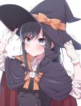 1girl adjusting_clothes adjusting_hat artist_name asashio_(kantai_collection) black_hair blue_eyes blush bow bowtie cape commentary_request eyebrows_visible_through_hair gloves halloween halloween_costume hand_on_headwear hat kantai_collection long_hair long_sleeves orange_bow remodel_(kantai_collection) school_uniform shirt solo totto_(naka) upper_body white_shirt witch_hat 
