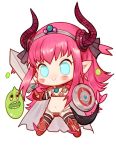  1girl :&gt; armor bikini_armor black_legwear blue_eyes blush chibi closed_mouth dragon_horns dragon_tail earrings elizabeth_bathory_(brave)_(fate) elizabeth_bathory_(fate)_(all) fate/grand_order fate_(series) full_body gauntlets hairband holding holding_shield holding_sword holding_weapon horns jewelry long_hair pink_hair pointy_ears red_footwear rosette_(yankaixuan) shield simple_background slime_(dragon_quest) smile solo spiked_boots sword tail thigh-highs weapon white_background 