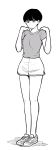  1girl boyshorts exercise greyscale hands_on_own_shoulders highres monochrome nikaidou_kou original shirt shoes short_hair short_sleeves simple_background solo standing t-shirt white_background 