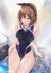  1girl atelier_(series) atelier_ryza bangs bare_shoulders black_footwear black_ribbon blue_swimsuit blush breasts brown_eyes brown_hair collarbone competition_swimsuit covered_navel goggles goggles_around_neck hair_ornament hair_ribbon hairclip highleg highleg_swimsuit jewelry large_breasts long_hair looking_at_viewer necklace one-piece_swimsuit open_mouth parfaitlate poolside reisalin_stout ribbon shoes_removed short_hair sitting smile star star_necklace swimsuit thighs 
