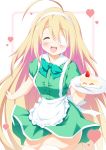  1girl :d ^_^ ahoge apron bangs blonde_hair blurry blurry_background blush bow breasts cake closed_eyes collared_dress commentary_request depth_of_field dress eyebrows_visible_through_hair eyepatch facing_viewer food fork frilled_apron frills fruit green_bow green_dress hair_between_eyes hairband heart highres holding holding_plate long_hair medical_eyepatch open_mouth original plate puffy_short_sleeves puffy_sleeves short_sleeves skindentation slice_of_cake small_breasts smile solo strawberry taira_takehiro thigh-highs upper_teeth very_long_hair waist_apron white_apron white_hairband white_legwear 