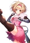  1girl blonde_hair boots brown_eyes djeeta_(granblue_fantasy) dress gauntlets granblue_fantasy hair_intakes hairband high_kick highres kicking looking_at_viewer pink_dress short_hair simple_background smile solo thigh-highs thigh_boots twitter_username tyyni white_background 