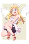  1other angel angel_wings bare_shoulders between_legs bike_shorts black_shorts blonde_hair blue_eyes blush broken_halo covering covering_crotch crimvael dress embarrassed eyebrows_visible_through_hair halo hand_between_legs highres ishuzoku_reviewers karahai_(31448823) long_hair looking_at_viewer open_mouth other_focus round_teeth sandals shorts shorts_under_dress strapless strapless_dress teeth upper_teeth white_dress white_wings wings 
