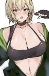  absurdres blonde_hair breasts copyright_request counter_side embarrassed highres jacket jane_doe_(counter_side) karambit large_breasts open_clothes open_jacket sports_bra 