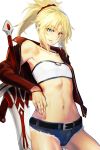  1girl aqua_eyes bandeau bangs bare_shoulders belt blonde_hair clarent cowboy_shot cutoffs denim denim_shorts fate/apocrypha fate/grand_order fate_(series) flat_chest hair_ornament hair_scrunchie highres i-pan jacket jewelry long_sleeves looking_at_viewer micro_shorts midriff mordred_(fate) mordred_(fate)_(all) navel necklace off_shoulder open_clothes open_jacket ponytail red_jacket red_scrunchie scrunchie short_hair shorts sidelocks smile solo stomach strapless sword thighs tubetop weapon white_background 