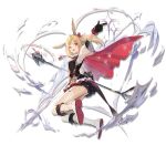  1girl :d animal_ears arknights arm_up black_gloves black_vest blonde_hair boots cape cross-laced_footwear elite_ii_(arknights) full_body gloves hair_ribbon huanxiang_heitu index_finger_raised knee_boots lace-up_boots long_hair long_sleeves looking_at_viewer microphone_stand miniskirt official_art open_mouth rabbit_ears red_cape red_eyes red_ribbon ribbon shirt skirt smile solo sora_(arknights) sparkle thigh-highs transparent_background twintails vest white_footwear white_legwear white_shirt wide_sleeves zettai_ryouiki 