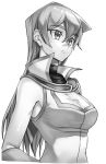  1girl bangs breasts closed_mouth eyebrows_visible_through_hair greyscale hair_between_eyes long_hair medium_breasts monochrome rourou_ill shiny shiny_hair shirt simple_background sleeveless sleeveless_shirt solo straight_hair tenjouin_asuka turtleneck upper_body very_long_hair white_background yuu-gi-ou yuu-gi-ou_gx 