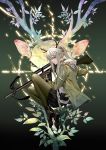 1girl animal animal_background antlers arknights awer bangs belt_pouch black_skirt bow_(weapon) crossbow crosshair firewatch_(arknights) from_side full_body gloves grey_hair hair_between_eyes highres holding holding_weapon hood hood_down hoodie long_hair long_sleeves looking_at_viewer looking_to_the_side open_clothes open_hoodie pantyhose pouch profile reindeer reindeer_antlers reindeer_girl scowl shoes sidelocks skirt tree_branch v-shaped_eyebrows weapon 