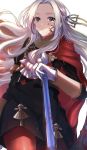  1girl bangs black_jacket black_shorts blood blood_on_face bloody_clothes bloody_hair brown_ribbon cape commentary_request edelgard_von_hresvelg fire_emblem fire_emblem:_three_houses forehead gloves grey_eyes hair_ribbon highres jacket long_hair long_sleeves looking_at_viewer pantyhose parted_bangs parted_lips puffy_short_sleeves puffy_sleeves red_cape red_legwear ribbon satoimo_chika short_over_long_sleeves short_shorts short_sleeves shorts silver_hair simple_background solo very_long_hair white_background white_gloves 