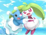  :d black_eyes blue_sky brionne clouds cloudy_sky commentary_request creature day fang gen_7_pokemon highres no_humans open_mouth outdoors pokemon pokemon_(creature) sky smile steenee violet_eyes water yomitrooper 