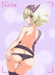  1girl ass blush cougar1404 dragon:_marked_for_death empress_(dmfd) hair_ornament looking_at_viewer looking_back open_mouth panties short_hair solo thigh-highs underwear 