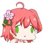  1girl ahoge cherry_blossoms chestnut_mouth face_of_the_people_who_sank_all_their_money_into_the_fx flower green_eyes hair_flower hair_ornament hololive meme momo_kimuchi008 one_side_up open_mouth parody pink_hair sakura_miko solo upper_body virtual_youtuber white_background 