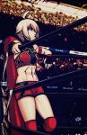  1girl abs ahoge armband dana_zane fingerless_gloves gloves kiririn51 knee_pads red_eyes short_hair shorts solo va-11_hall-a white_hair wrestling_outfit wrestling_ring 