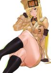  1girl ashiomi_masato bare_legs black_footwear blonde_hair blue_eyes boots commentary_request crossed_legs eyes_visible_through_hair fingerless_gloves fur_hat gloves guilty_gear guilty_gear_strive hat invisible_chair jacket long_hair long_sleeves millia_rage sitting solo thick_thighs thighs ushanka yellow_headwear 