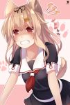  1girl absurdres animal_ear_fluff animal_ears black_serafuku black_skirt blonde_hair breasts clenched_teeth collarbone commentary_request dog_ears dog_girl dog_tail eyebrows_visible_through_hair hair_between_eyes hair_flaps hair_ornament hair_ribbon hairclip hibiki_zerocodo highres kantai_collection long_hair looking_at_viewer medium_breasts neckerchief paw_print plaid plaid_skirt red_eyes red_neckwear remodel_(kantai_collection) ribbon sailor_collar school_uniform serafuku short_sleeves signature skirt solo tail teeth yuudachi_(kantai_collection) 