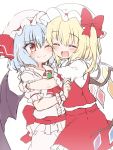  2girls bangs bat_wings blonde_hair blue_hair blush brooch closed_eyes closed_mouth crystal eyebrows_visible_through_hair fang flandre_scarlet hat hat_ribbon highres hug jewelry mob_cap multiple_girls one_eye_closed open_mouth ponytail red_eyes red_neckwear red_ribbon red_sash remilia_scarlet ribbon sash short_hair short_sleeves side_ponytail simple_background skin_fang skirt skirt_set suwa_yasai touhou vest white_background white_headwear wings 