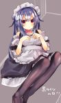  1girl :o apron bangs beniko_(ymdbnk) black_dress black_legwear blue_hair blush breasts collarbone detached_sleeves double_bun dress eyebrows_visible_through_hair feet_out_of_frame frilled_apron frills grey_background hair_between_eyes hands_up highres long_hair looking_at_viewer maid maid_headdress medium_breasts no_shoes original pantyhose parted_lips puffy_short_sleeves puffy_sleeves red_eyes short_sleeves sidelocks sleeveless sleeveless_dress solo translation_request very_long_hair waist_apron white_apron white_sleeves 