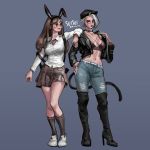  2girls animal_ears arm_on_shoulder ashe_(overwatch) asymmetrical_hair black_jacket black_skirt blue_eyes boots breasts brown_hair cat_tail collar contrapposto d.va_(overwatch) denim fake_animal_ears full_body grey_background hand_on_hip high_heel_boots high_heels highres jacket jeans kemonomimi_mode leather leather_jacket lips lipstick makeup medium_breasts mole mole_above_mouth multiple_girls open_clothes open_jacket over-kneehighs overwatch pants plaid plaid_skirt rabbit_ears shirt shoes short_hair silver_hair skirt sneakers socks strap_gap suisui_again tail thigh-highs thigh_boots torn_clothes torn_jeans torn_pants whisker_markings white_shirt 