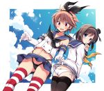  2girls ass bangs black_legwear black_neckwear black_panties blue_eyes blush brown_hair clouds cosplay dress eguchi_sera elbow_gloves eyebrows_visible_through_hair gloves hairband highleg highleg_panties kantai_collection long_sleeves lowleg_pantyhose multiple_girls navel neckerchief odawara_hakone onjouji_toki open_mouth panties pantyhose petals red_eyes sailor_collar sailor_dress saki saki_achiga-hen school_uniform serafuku shimakaze_(kantai_collection) shimakaze_(kantai_collection)_(cosplay) short_hair side-tie_panties sky sleeveless striped striped_legwear thigh-highs thighband_pantyhose thong tokitsukaze_(kantai_collection) tokitsukaze_(kantai_collection)_(cosplay) underwear white_gloves white_panties yellow_neckwear 