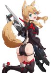  1girl alice_gear_aegis animal_ear_fluff animal_ears ass black_footwear black_gloves black_jacket blonde_hair blue_eyes boots commentary_request cropped_jacket fang fox_ears fox_girl fox_tail fuku_kitsune_(fuku_fox) gloves hair_over_shoulder highres jacket kotomura_akane long_hair long_sleeves looking_at_viewer low_twintails open_mouth simple_background skindentation solo tail thigh-highs thigh_boots twintails weapon white_background 