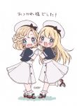  2girls :d artist_name bangs blonde_hair blue_eyes blue_sailor_collar blush chibi commentary_request dress gloves hat janus_(kantai_collection) jervis_(kantai_collection) kantai_collection leg_up looking_at_viewer mary_janes multiple_girls open_mouth parted_bangs puffy_short_sleeves puffy_sleeves sailor_collar sailor_dress sailor_hat shoes short_hair short_sleeves simple_background smile totto_(naka) white_background white_dress white_gloves white_headwear 