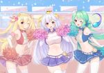  3girls ;d adapted_costume ahoge animal_on_head armpits ass_visible_through_thighs azur_lane bangs bare_shoulders belt bird blonde_hair blue_bow blue_skirt blue_sky blush bow braid braided_bun breasts bunny_hair_ornament chan&#039;nu cheerleader chick collared_shirt comet comet_(azur_lane) commentary_request confetti cowboy_shot crescent_(azur_lane) crop_top cygnet_(azur_lane) cygnet_(royal_fanfare)_(azur_lane) double_bun elbow_gloves eyebrows_visible_through_hair gloves green_hair groin hair_between_eyes hair_bow hair_ornament hair_ribbon hair_rings hands_up large_breasts long_hair looking_at_viewer manjuu_(azur_lane) midriff mirrored multiple_girls navel on_head one_eye_closed open_mouth panties pantyshot pantyshot_(standing) pink_ribbon pom_poms purple_shirt purple_skirt red_eyes red_shirt red_skirt ribbon shirt side_bun sidelocks signature skirt sky sleeveless sleeveless_shirt small_breasts smile stadium standing thigh-highs track_and_field two-tone_shirt two_side_up underwear very_long_hair white_belt white_gloves white_hair white_panties white_shirt yellow_ribbon zettai_ryouiki 