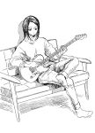  1girl closed_mouth couch crossed_legs electric_guitar fender_telecaster greyscale guitar highres holding holding_instrument instrument monochrome music nikaidou_kou no_shoes original pants playing_instrument plectrum sitting socks solo sweater 