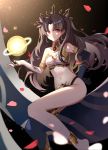  1girl absurdres anklet armlet bandeau bangs bare_legs barefoot black_gloves black_hair black_legwear earrings elbow_gloves eyebrows_visible_through_hair fate/grand_order fate_(series) feet_out_of_frame gloves hand_on_hip highres hoop_earrings ishtar_(fate)_(all) ishtar_(fate/grand_order) jewelry long_hair looking_at_viewer midriff navel petals red_eyes shenyin_jiade_aquan single_glove single_thighhigh smile solo stomach strapless thigh-highs thighs tiara tubetop two_side_up 