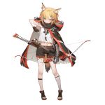  1girl :| animal_ear_fluff animal_ears arknights arm_up arrow artist_request asymmetrical_legwear bandaged_arm bandaged_leg bandages bangs blonde_hair bow_(weapon) cape cat_ears closed_mouth ear_piercing fingerless_gloves full_body gauntlets gloves hair_ornament hairclip hand_up holding holding_bow_(weapon) holding_weapon hood looking_at_viewer navel official_art open_toe_shoes orange_eyes parted_bangs piercing quiver short_hair solo source_request standing transparent_background v vermeil_(arknights) weapon 
