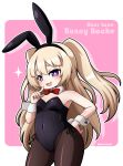  1girl :3 animal_ears azur_lane bache_(azur_lane) black_legwear black_leotard blonde_hair bow bowtie breasts bunny_girl bunny_tail bunnysuit character_name commentary_request cowboy_shot detached_collar kurono leotard long_hair looking_at_viewer pantyhose rabbit_ears red_neckwear small_breasts smile solo standing strapless strapless_leotard tail two-tone_background two_side_up violet_eyes wrist_cuffs 