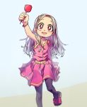  1girl alternate_costume arm_scar arm_up armpits bare_arms bare_shoulders black_legwear blurry boku_no_hero_academia buttons candy_apple child chio-tyan collarbone depth_of_field dress eri_(boku_no_hero_academia) food fruit hairband holding holding_food holding_fruit horn looking_at_viewer pantyhose pink_dress red_eyes sandals scar skirt_grab sleeveless sleeveless_dress smile solo white_hair 
