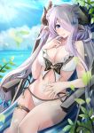  1girl :o absurdres bikini blue_eyes blue_sky breasts chair clouds day double_bun draph finger_to_mouth granblue_fantasy hair_over_one_eye highres horns huge_filesize large_breasts lavender_hair leaf light_rays long_hair looking_at_viewer narmaya_(granblue_fantasy) outdoors pointy_ears sitting sky solo sukuemon sunbeam sunlight swimsuit white_bikini 