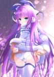  1girl animal_ears ass azur_lane blue_eyes blush coat eyebrows_visible_through_hair fake_animal_ears fukemachi fur_trim hair_ornament hair_ribbon highres lifted_by_self long_hair long_sleeves looking_at_viewer looking_back panties purple_hair ribbon shirt solo sweater tashkent_(azur_lane) thigh-highs underwear very_long_hair white_coat white_legwear white_panties 