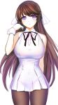  absurdres bow bowtie breasts brown_hair copyright_request counter_side dress gloves hair_ribbon highres large_breasts pantylines ribbon shin_jia sleeveless thigh-highs violet_eyes white_dress 