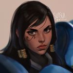  1girl artist_name black_hair blurry brown_eyes dark_skin depth_of_field eye_of_horus facial_tattoo hair_tubes lips long_hair looking_at_viewer no_headwear no_helmet nose overwatch pharah_(overwatch) portrait power_armor solo suisui_again tattoo thick_eyebrows twitter_username 