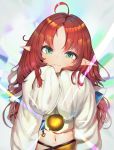  1girl :3 ahoge arknights baggy_clothes earrings eyebrows_visible_through_hair fuenyuan green_eyes jewelry light_rays long_hair long_sleeves looking_at_viewer messy_hair myrtle_(arknights) navel navel_cutout pointy_ears redhead solo 