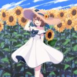  1girl anchor_symbol arm_behind_back armband artist_name bangs bare_shoulders blue_sky blush brown_eyes brown_hair clouds collarbone commentary_request day dress eyebrows_visible_through_hair flower full_body hair_flower hair_ornament hand_on_headwear hat high_heels highres holding holding_flower kantai_collection looking_at_viewer open_mouth outdoors ribbon short_hair sky sleeveless sleeveless_dress smile solo speaking_tube_headset straw_hat sundress sunflower sunflower_hair_ornament torpedo_tubes totto_(naka) transparent_background turret white_dress yukikaze_(kantai_collection) 