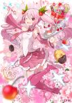  1girl ;d bare_shoulders blurry boots breasts cake cherry cherry_blossoms collared_shirt commentary_request detached_sleeves doughnut flower food fruit fuku_kitsune_(fuku_fox) hair_ornament hatsune_miku long_hair long_sleeves looking_at_viewer miniskirt necktie one_eye_closed open_mouth outstretched_arms parfait pink_flower pink_footwear pink_hair pink_skirt plate pleated_skirt red_eyes sakura_miku shirt skirt slice_of_cake small_breasts smile solo spoon thigh-highs thigh_boots twintails vocaloid watermark white_shirt zettai_ryouiki 