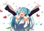 1girl :d ^_^ aqua_hair aqua_neckwear armpits arms_up blush candy closed_eyes commentary dbi_dbi detached_sleeves food happy hatsune_miku headset highres lollipop long_hair necktie open_mouth smile solo teeth twintails vocaloid white_background 