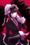  1girl bangs black_hair black_jacket blood breasts card celestia_ludenberg center_frills commentary_request danganronpa:_trigger_happy_havoc danganronpa_(series) drill_hair eyebrows_visible_through_hair frilled_shirt frills gothic_lolita highres holding holding_card jacket large_breasts lolita_fashion long_hair looking_at_viewer necktie open_clothes open_jacket papi_(moe100712) pink_blood red_background red_eyes red_necktie shiny shiny_hair shirt smile solo twin_drills twintails white_shirt 