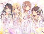  4girls :d :o bare_arms bare_shoulders black_hair blonde_hair blurry blurry_foreground blush braid brown_eyes brown_hair closed_mouth collarbone commentary covered_mouth depth_of_field dress english_commentary fang flower hair_flower hair_ornament highres holding holding_flower long_hair multiple_girls one_side_up open_mouth original parted_lips purple_flower sakura_oriko scrunchie sleeveless sleeveless_dress smile tree_branch very_long_hair white_dress white_flower white_scrunchie wrist_scrunchie yellow_flower 