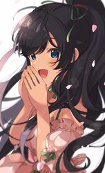  1girl bangs black_hair black_ribbon blue_eyes blush breasts commentary eyebrows_visible_through_hair fang ganaha_hibiki green_ribbon highres idolmaster idolmaster_million_live! idolmaster_million_live!_theater_days large_breasts long_hair looking_at_viewer messy_hair naijow open_mouth ponytail ribbon smile solo 