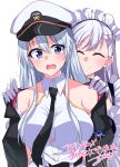  2girls absurdres azur_lane bangs bare_shoulders belfast_(azur_lane) belt black_neckwear blush braid closed_eyes commentary_request enterprise_(azur_lane) eyebrows_visible_through_hair french_braid gloves hair_between_eyes hat highres himiya_ramune jacket looking_at_another maid_headdress multiple_girls necktie open_clothes open_jacket open_mouth peaked_cap shirt sidelocks signature silver_hair simple_background sleeveless sleeveless_shirt smile swept_bangs undressing white_background white_shirt 