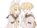  &gt;:( 1boy 1girl :t angry annoyed apologizing behind_back blonde_hair bow box closed_eyes face-to-face frown gift gift_box green_eyes grin hair_bow hair_ornament hairclip holding holding_gift incoming_gift kagamine_len kagamine_rin long_hair nervous_smile pout puffy_cheeks sailor_collar school_uniform short_hair short_ponytail short_sleeves siblings sketch smile sweatdrop tamutamun twins v-shaped_eyebrows vocaloid 